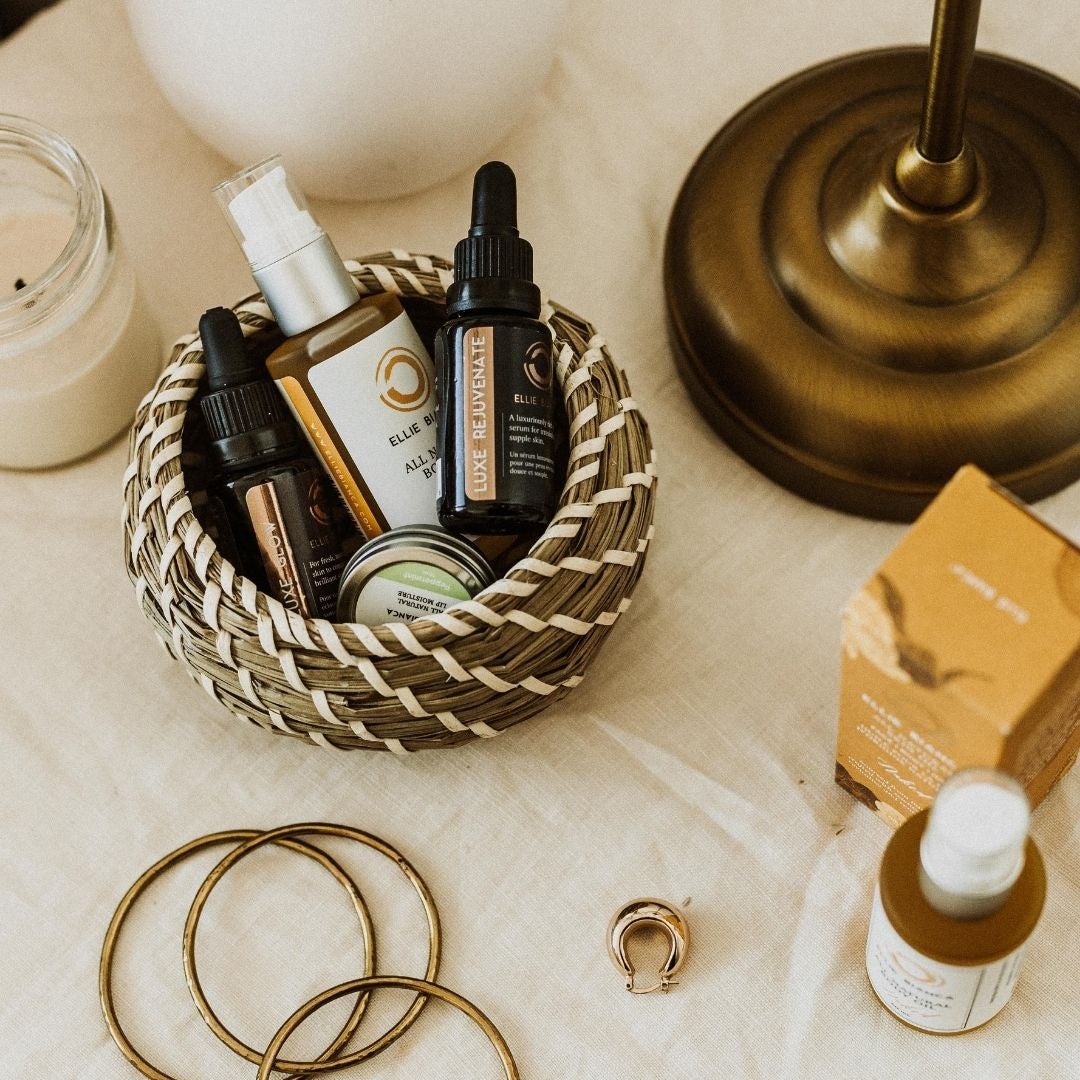 Serum flatlay with jewellery